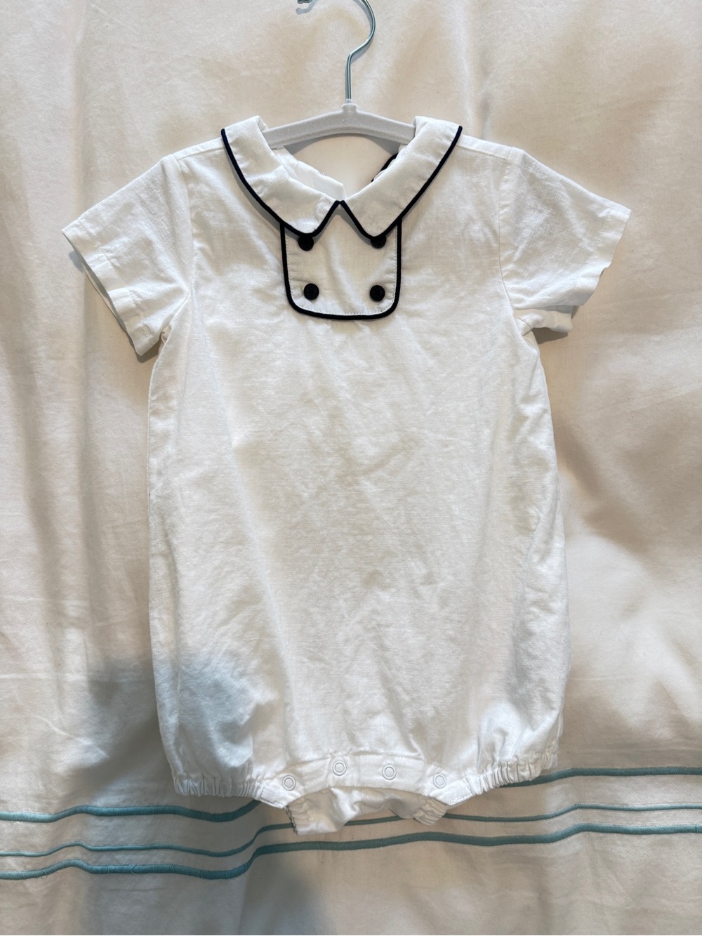 Janie and Jack White Romper with Black Piping Collar